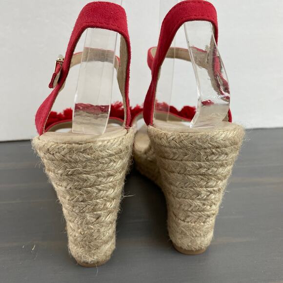 Saks Fifth Avenue Espadrille Wedge Ankle Strap Sandals 7.5 Red Pom Pom Leather - Picture 6 of 10